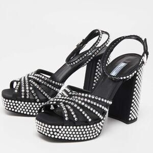 NWOT Prada Black Satin Crystal Embellished Ankle Strap Platform Sandals Black 37